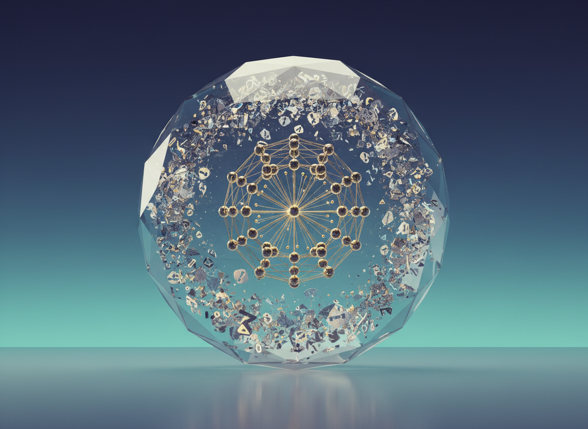A refined digital-art image of a large, transparent, faceted sphere suspended in a twilight gradient background of deep indigo fading to soft turquoise. Within the sphere, two distinct layers are visible: an outer shell of swirling, noisy fragments—broken arrows, exclamation icons, and distorted data shapes—surrounding a calm inner core of neatly arranged nodes connected by thin golden lines. No humans or text appear. A subtle spotlight from above left creates shimmering highlights on the sphere’s facets and gentle reflections on an implied glossy surface below. Shot from a low three-quarter angle, the composition centers the sphere with generous negative space. The mood is contemplative and sophisticated, illustrating the process of looking past surface noise to reach structured, reliable information.