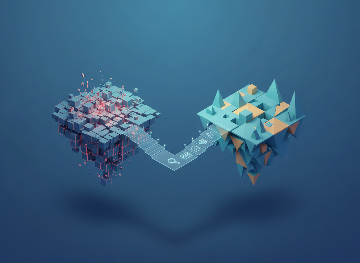 An isometric digital-art illustration of two neighboring islands floating in a deep, calm blue space, connected by a graceful arching bridge. One island, labeled only through visual cues, is built from fragmented, glitchy cubes emitting faint red error-style glows, symbolizing misinformation and disinformation. The other island is composed of smooth, interlocking geometric shapes in cool blues and soft golds, representing verified knowledge. The bridge is constructed of translucent steps, each etched with simple icons for search, source, context, and evidence rather than text. Gentle, diffused lighting from above casts soft, elongated shadows, creating a serene yet purposeful mood. The composition uses a wide angle with clear depth, emphasizing transition and understanding rather than fear or conflict.