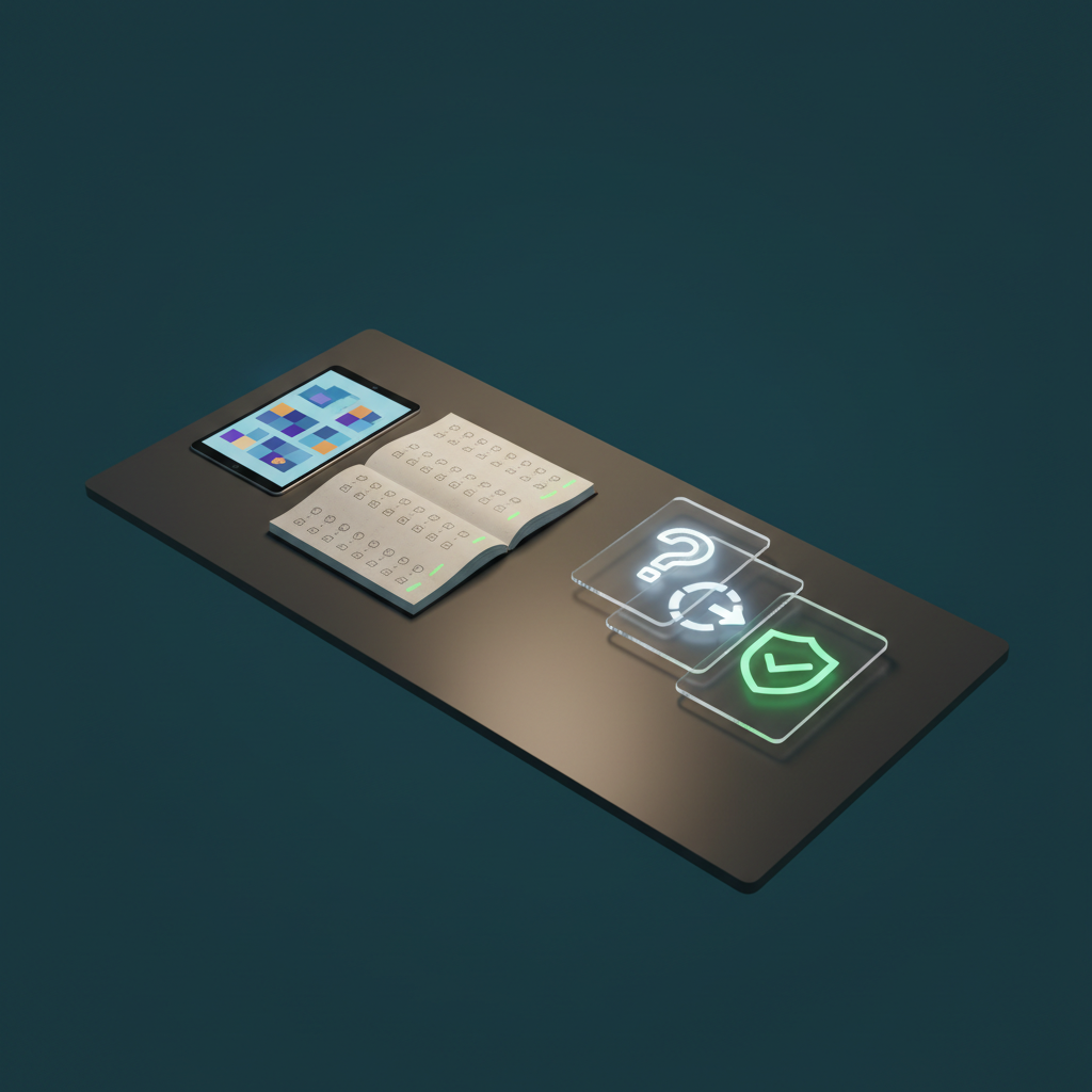 A digital-art scene of a sleek, minimal desk surface floating in a dark teal void, covered with non-textual research tools: a glowing tablet displaying structured colored blocks, a notebook made of textured paper filled with neat checkmarks as icons, and a set of elegant transparent overlays forming a step-by-step verification flow. No words, faces, or logos appear. Soft, focused overhead lighting highlights the center of the desk, fading gently toward the edges to suggest concentration and clarity. The camera is at eye level with a slight tilt, using the rule of thirds to emphasize a sequence from question mark icons to green verification badges. The atmosphere is calm, methodical, and sophisticated, evoking a practical guide to checking claims without any alarming imagery.